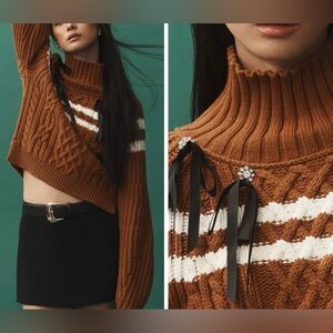 Anthropologie Maeve Turtle Neck Balloon Sleeve Chunky Bow Sweater